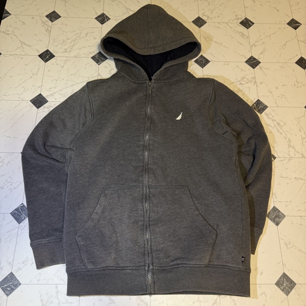 Nautica Zip Up Hoodie Mens XL Gray Fleece Lined Hooded Sweatshirt